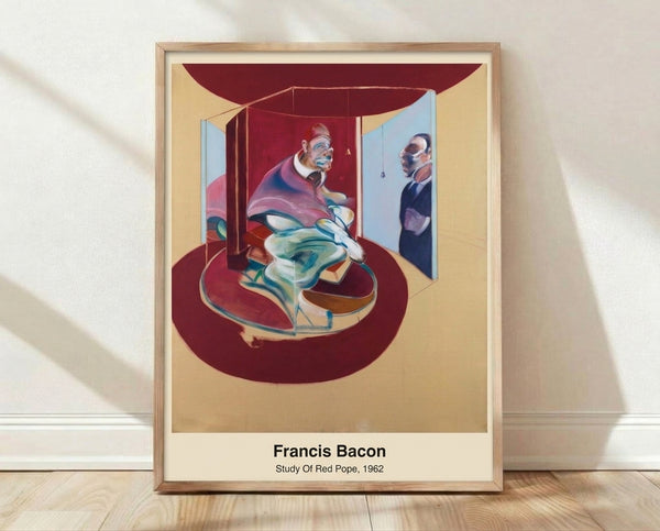 Abstract portrait of a pope figure rendered in bold reds and blacks with distorted, psychologically intense features in the style of Francis Bacon's 1962 study.