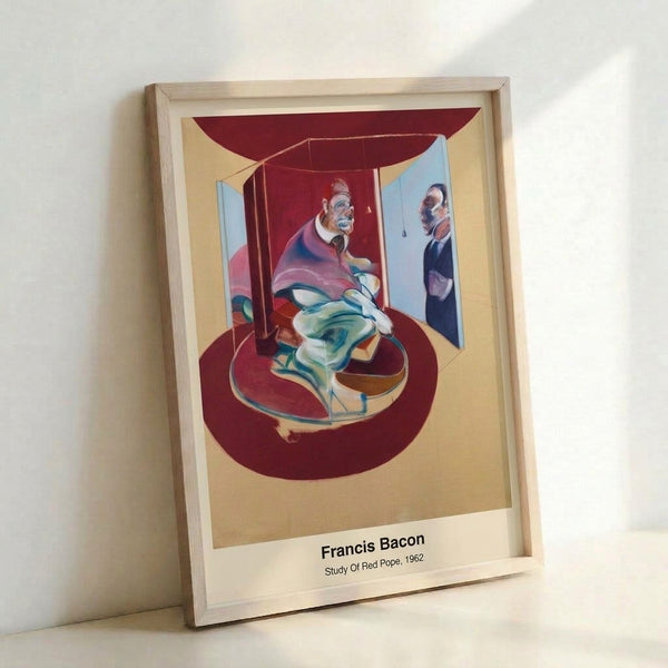Framed abstract art print featuring a distorted pope portrait with expressive brushwork in deep reds and blacks, evoking a sense of unease and intensity.