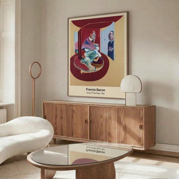 Contemporary art poster depicting a fragmented papal figure in expressionist red and grey, capturing an intensely haunting mood through abstraction.