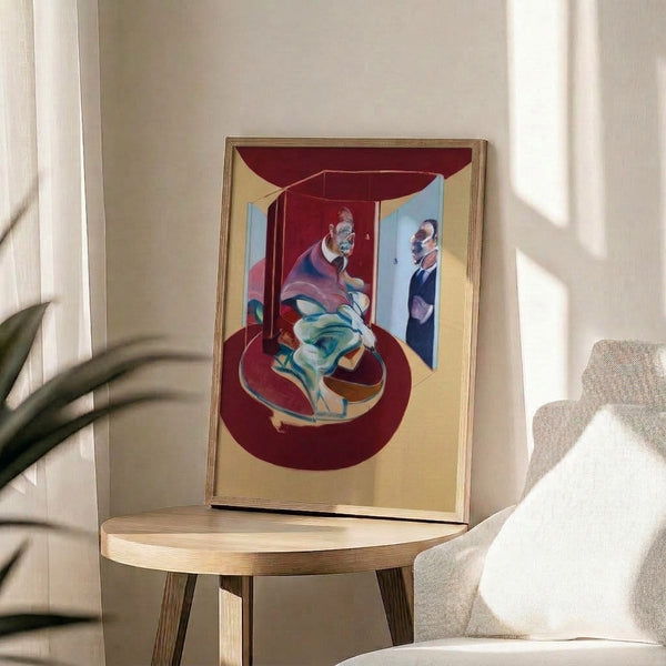 Haunting Francis Bacon-style portrait of a red pope with distorted, expressive brushwork in rich crimson and black hues, framed as a poster.