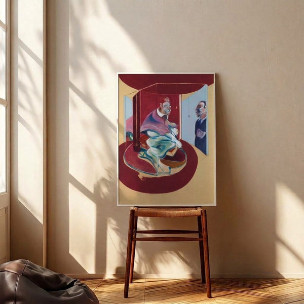 Expressionist study featuring a fragmented pope figure in deep reds and muted tones, creating an unsettling mood in this framed contemporary print.