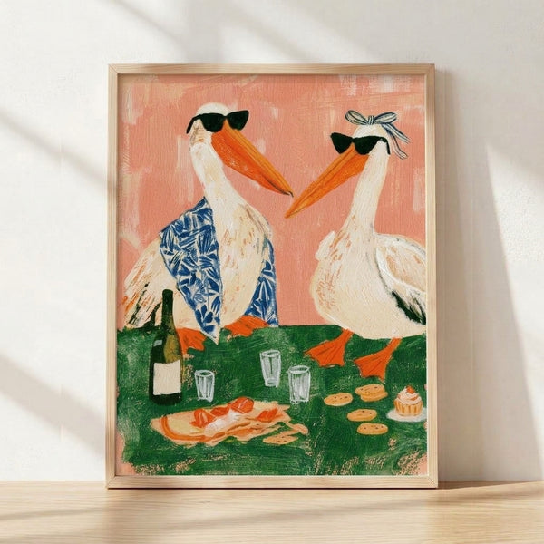 Whimsical boho painting of a elegant pelican wearing sunglasses and a pink bow, holding a wine glass beside a bottle, surrounded by cupcakes and cookies in coral, cream, and forest green tones.