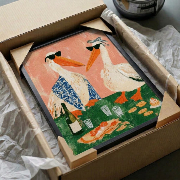 Fun and sophisticated pelican illustration wearing sunglasses and pink bow, celebrating with wine and desserts in bright oranges, creams, and navy blues against a whimsical boho backdrop.