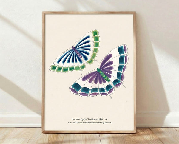 Framed minimalist line art print featuring two butterflies with delicate wings in navy, teal, and purple on a cream background, displayed as elegant wall decor.