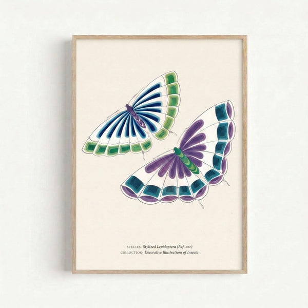 Modern naturalist illustration of a butterfly duo rendered in flowing lines with navy and green accents against a soft cream field, hanging as framed wall art.