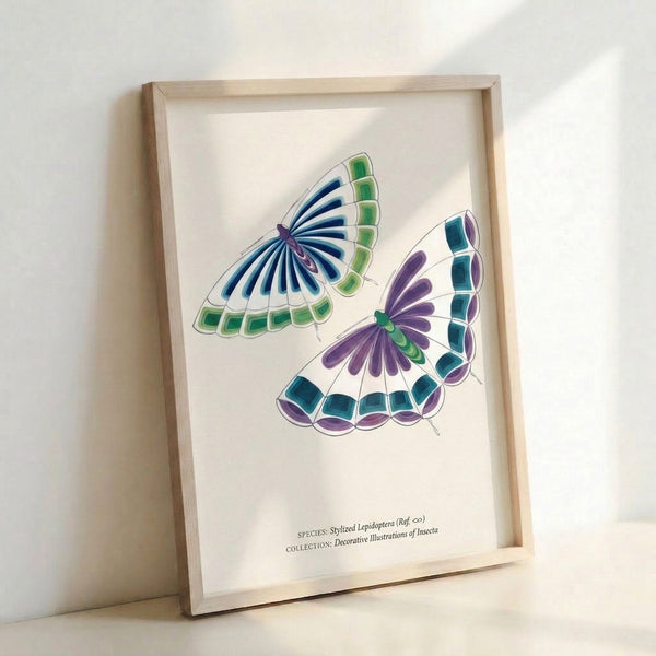 Elegant line drawing poster showcasing two stylized butterflies in teal and purple tones on cream, a minimalist interpretation of nature suitable for contemporary interiors.