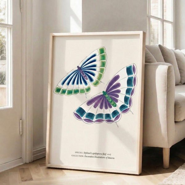 Whimsical butterfly wall art rendered in simple graceful lines with navy, green, and purple hues on a neutral cream base, framed as a modern nature print.