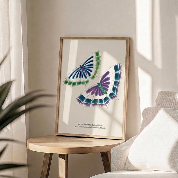 Minimalist framed poster depicting two butterflies in a naturalistic line-art style, featuring a sophisticated palette of cream, navy, teal, and purple.