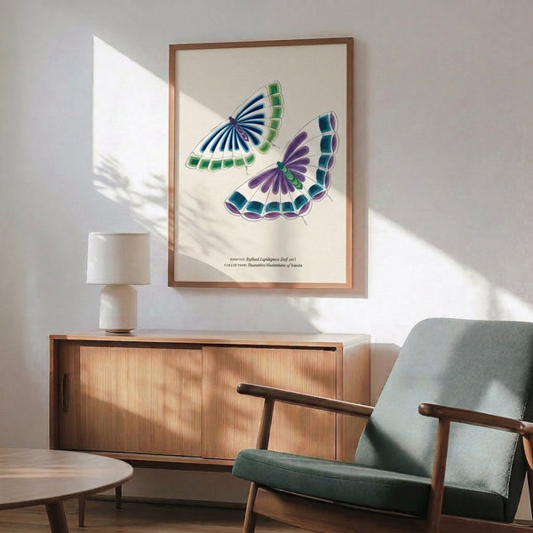 Contemporary wall art featuring a delicate two-butterfly composition in navy and teal line work on cream, embodying an elegant, understated aesthetic.
