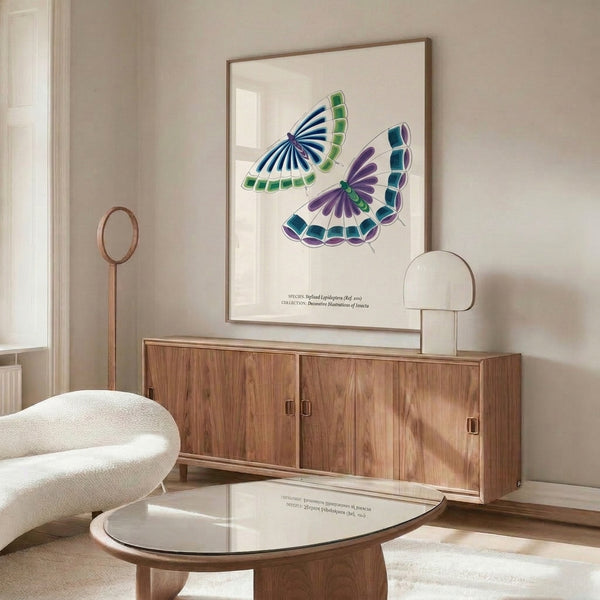 Framed nature-inspired line art with two butterflies in purple, green, and navy tones on cream background, blending minimalist design with naturalistic detail.
