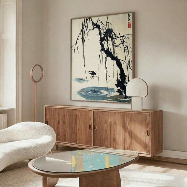 Serene ink painting of a bird on a drooping willow branch above water, executed in the delicate sumi-e technique with cream, black, and pale blue palette.