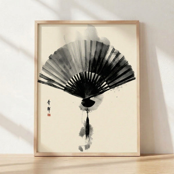 Minimalist sumi-e ink painting of a fan rendered in bold black brushstrokes on cream background, evoking serene Japanese aesthetic and contemplative mood.