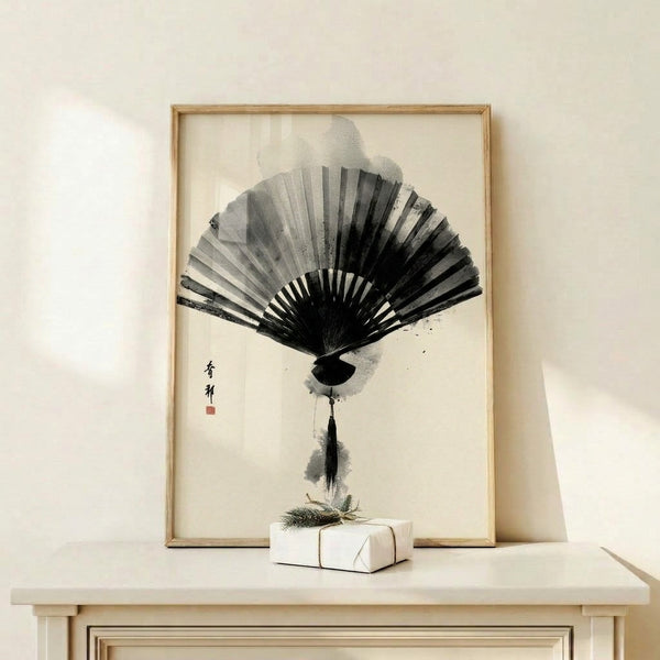 Abstract Japanese fan study in black ink with delicate calligraphic strokes on pale cream ground, embodying elegant wabi-sabi and zen sensibilities.