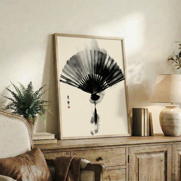 Cream-toned sumi-e print with minimalist fan design in charcoal and black ink, capturing the contemplative essence of traditional Japanese brush painting.