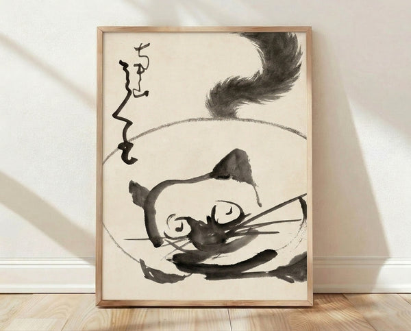 Minimalist sumi-e ink wash poster featuring a serene cat with enso circle, charcoal brushstrokes on cream background, Japanese Zen art print for meditation spaces.