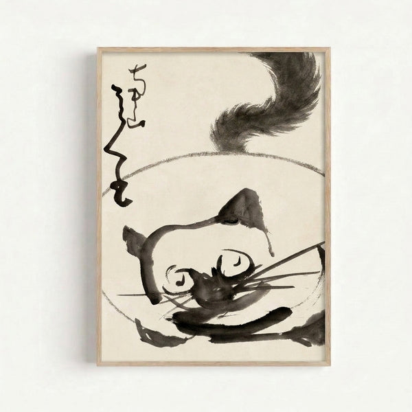 Japanese woodblock-inspired art print of a meditative cat study in black and gray ink wash, with flowing enso circle design, minimalist wall decor.