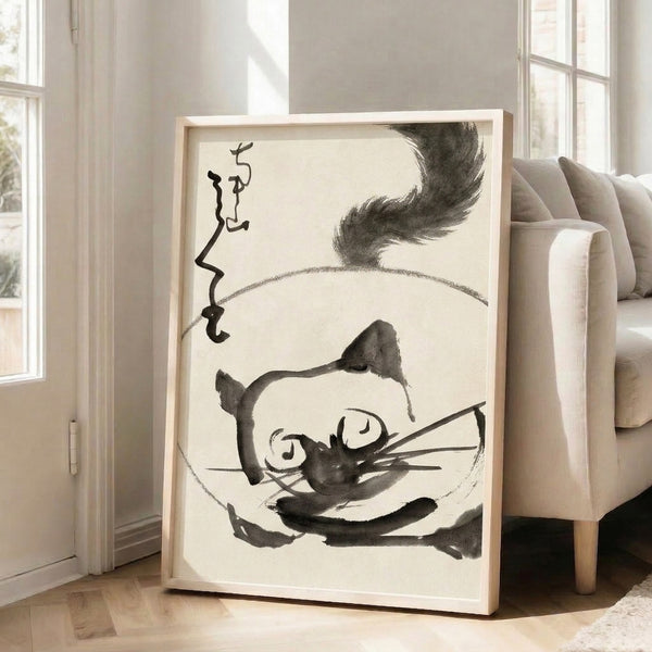 Meditative sumi-e cat poster with enso circle and ink wash technique, combining minimalist Zen design with charcoal strokes on light cream background.