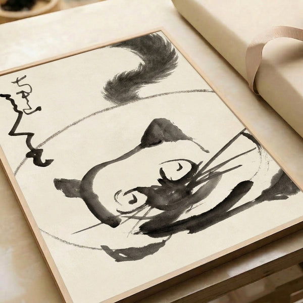 Japanese-inspired minimalist art print of a serene ink-washed cat study framed on wall, featuring enso circle and delicate plant elements in monochromatic palette.