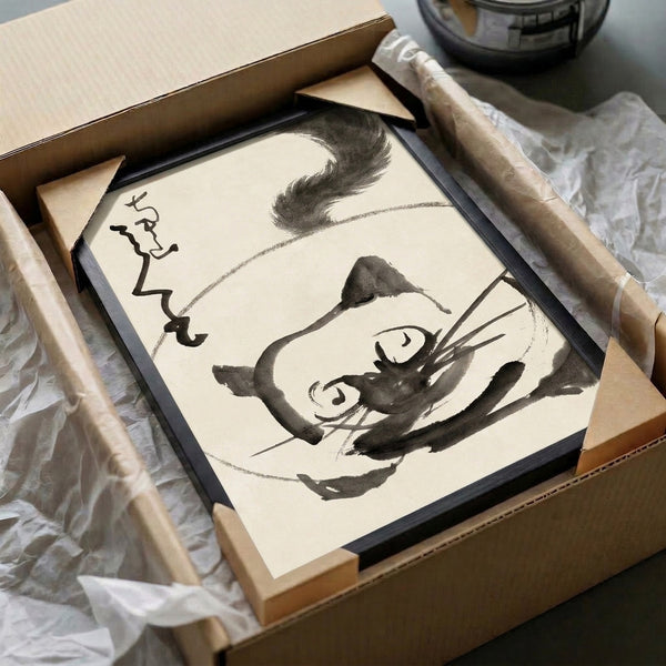 Zen meditation poster with sumi-e cat and enso circle rendered in flowing black ink on cream, minimalist Japanese woodblock-style wall art.