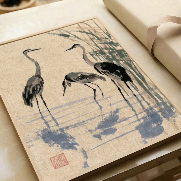 Framed minimalist bird art print showing three herons among water reeds, executed in Japanese ink wash style with serene contemplative mood in monochromatic and muted blue tones.