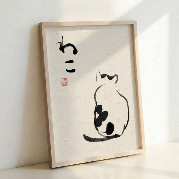 Framed Japanese woodblock art print showing pear and leaf calligraphy in black and rust on cream, embodying serene meditative atmosphere of sumi-e tradition.