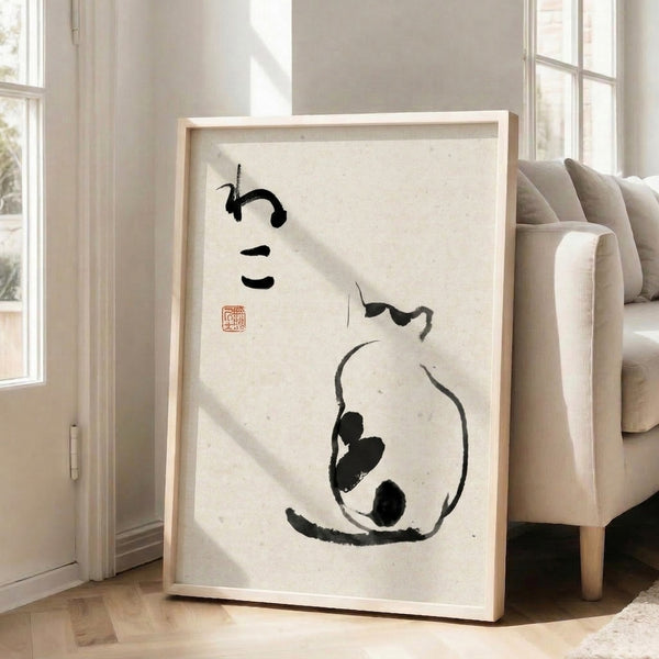 Contemplative minimalist artwork featuring pear and leaf rendered in traditional Japanese brushwork with black ink and rust highlights on cream ground.