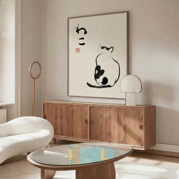 Serene Japanese-inspired wall art depicting pear and leaf in bold black strokes with rust accents, minimalist composition evoking meditative zen mood.