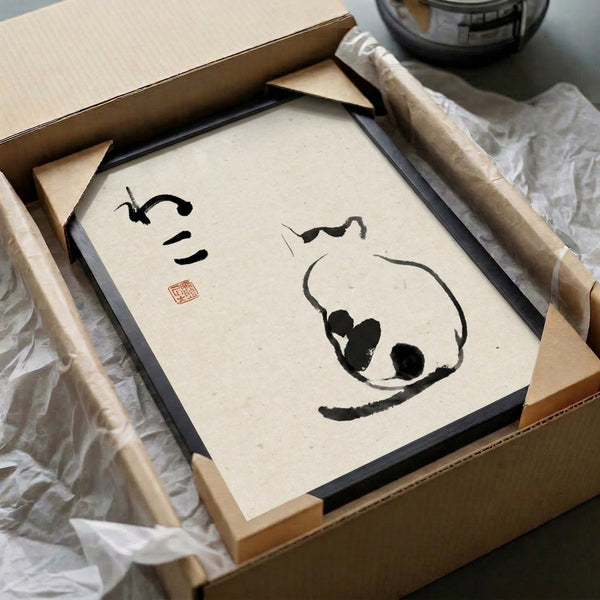 Meditative line art print combining pear and leaf imagery in black ink and rust on cream, reflecting contemplative Japanese aesthetic and sumi-e tradition.