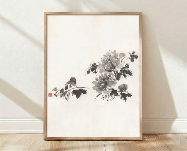 Sumi-e peony ink wash painting with black brushstrokes on cream background, featuring delicate flower and branches in Japanese minimalist style.