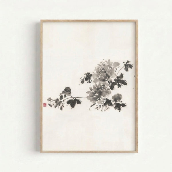 Serene Japanese peony artwork rendered in black ink and gray tones on white, framed poster displaying wabi-sabi aesthetics and contemplative elegance.