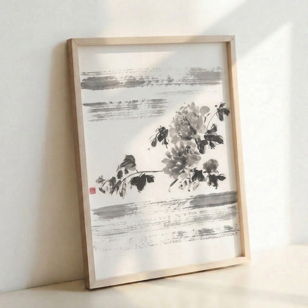 Minimalist Japandi peony art print showing blooming flower with graceful branches in monochromatic ink wash technique on neutral cream canvas.