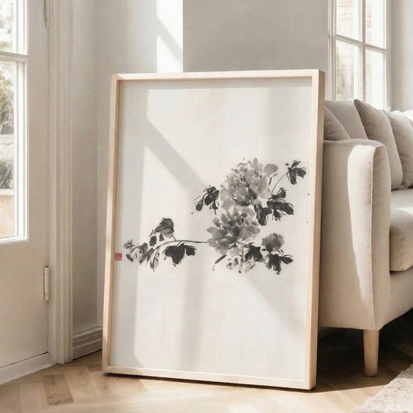 Black and gray sumi-e peony painting on cream backdrop, framed wall art capturing the zen spirit of traditional Japanese brushwork and botanical beauty.