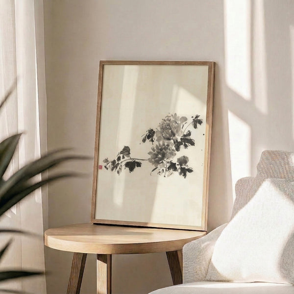 Contemplative ink wash peony composition with flowing branches in muted blacks and grays against white, embodying serene Japanese artistic tradition.