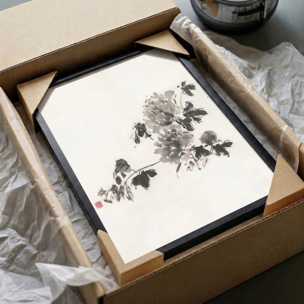 Elegant Japanese peony ink painting with spare, expressive brushwork in black and white tones, a serene framed art print for contemplative spaces.