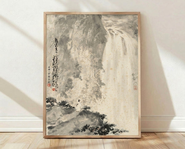 Minimalist sumi-e waterfall scroll painting in charcoal and cream tones, depicting a contemplative scholar overlooking a cascading waterfall between misty cliffs and vegetation.