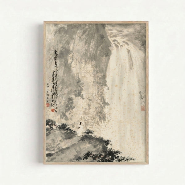 Japandi-style ink wash artwork featuring a serene mountain waterfall scene with rocks and sparse foliage in grayscale and ochre, evoking meditative zen calm.