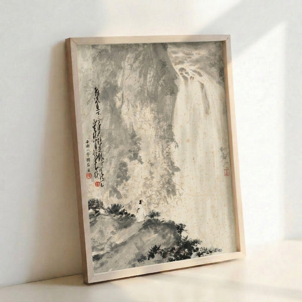 Japanese woodblock-inspired watercolor painting of a solitary figure gazing at a majestic waterfall flowing through rocky terrain, rendered in soft grays and charcoal.