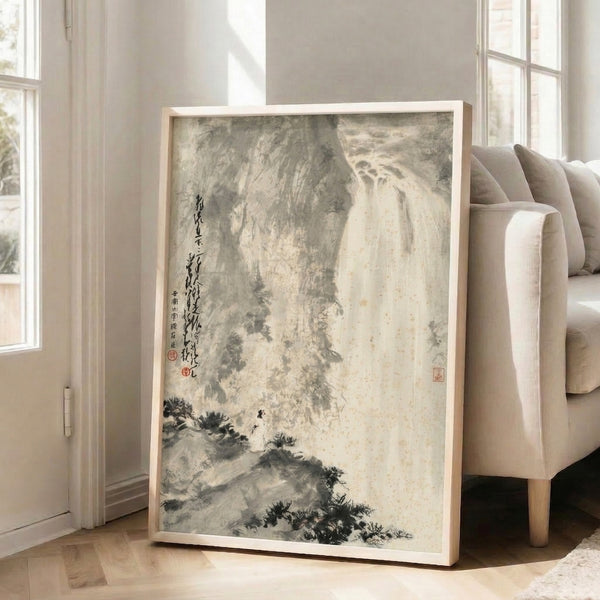 Serene sumi-e style framed poster depicting a scholar's view of cascading water between misty mountains, composed in minimalist charcoal, gray, and cream palette.
