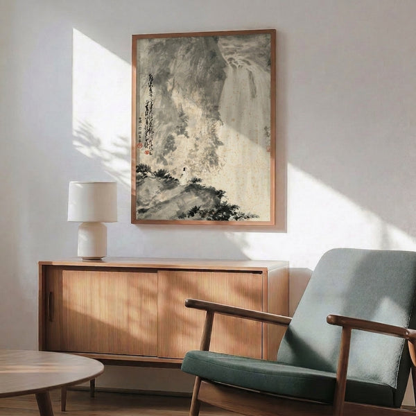 Meditative wall art in traditional Asian ink wash technique, capturing a peaceful waterfall scene with rocky cliffs and botanical elements in muted earthy tones.