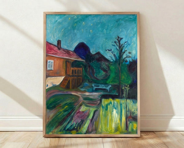 Edvard Munch's Summer Night Asgardstrand, a moody nocturnal landscape with deep blues and greens depicting a moonlit seaside scene, framed as a dark vintage art print on a wall.