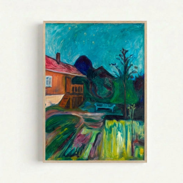 Framed poster of Munch's iconic Summer Night Asgardstrand showing a contemplative nighttime garden overlooking water under a luminous sky in cool, dramatic tones.