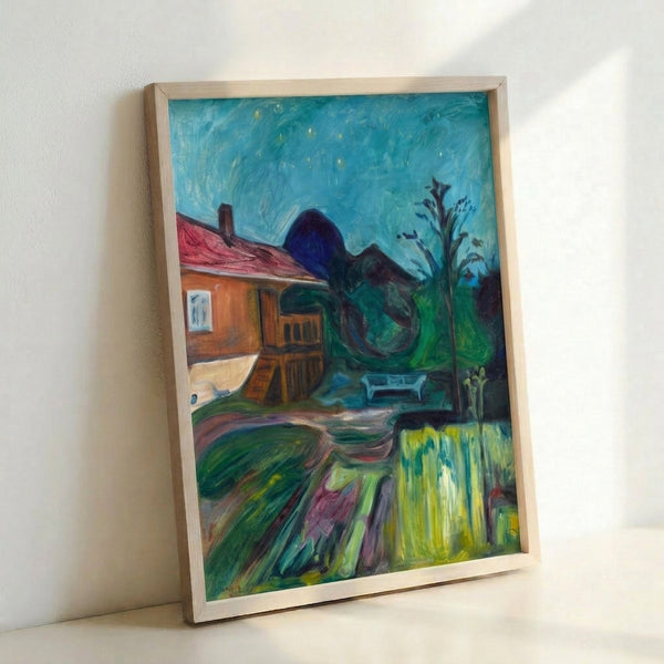 Munch's Summer Night Asgardstrand print in muted blues and greens, capturing the quiet melancholy of a moonlit shore with a figure amid nature, displayed as wall art.