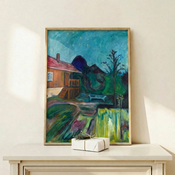 Dark, atmospheric Expressionist poster of Edvard Munch's Summer Night Asgardstrand featuring a nocturnal garden landscape with a solitary figure gazing at moonlit water.
