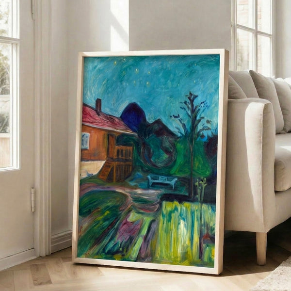 Vintage-style framed print of Munch's Summer Night Asgardstrand, an evocative nighttime scene rendered in cool palette blues with psychological depth and Northern mood.