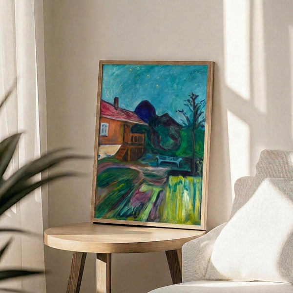 Edvard Munch's Summer Night Asgardstrand as a moody wall-mounted poster, showing a solitary nocturnal landscape with luminous sky above darkened earth and water.