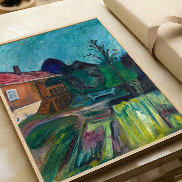 Framed reproduction of Munch's Summer Night Asgardstrand, capturing the introspective beauty of a moonlit Norwegian seascape in expressive blues and muted greens.