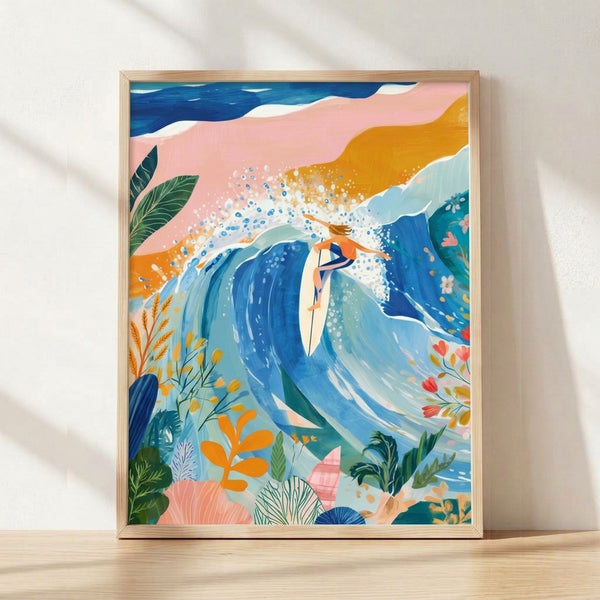 Framed boho coastal poster featuring a woman surfer riding an ocean wave surrounded by colorful flowers and plants in shades of blue, coral pink, golden yellow, and sage green.