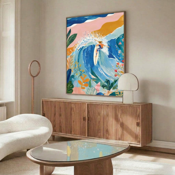 Modern beach house art print showing a serene surfer on a vibrant wave with botanical elements, rendered in a peaceful palette of ocean blues, warm corals, and soft greens.