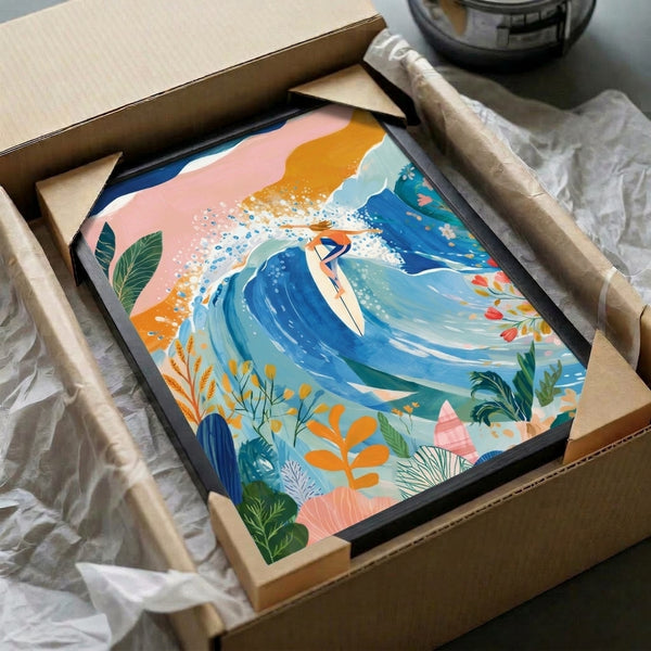Boho-inspired framed ocean print capturing a peaceful surfer in motion on a colorful wave, accented with decorative flora in coral, blue, yellow, and sage tones.