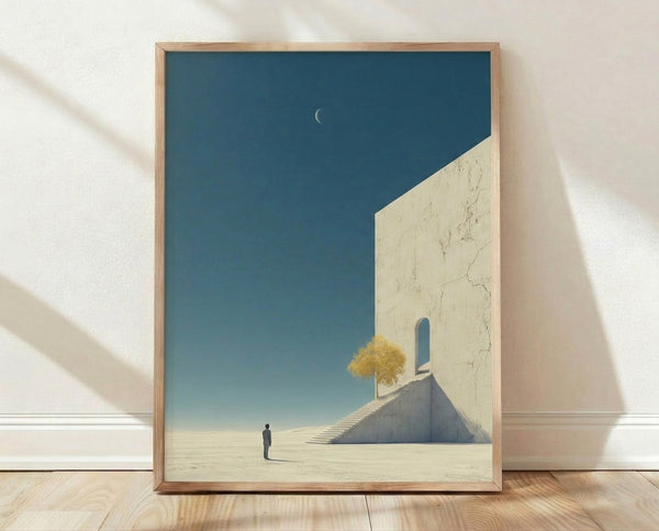 Minimalist surreal artwork featuring a solitary figure ascending an impossible staircase through a desert landscape beneath a luminous moon, rendered in soft teal, cream, and golden tones.